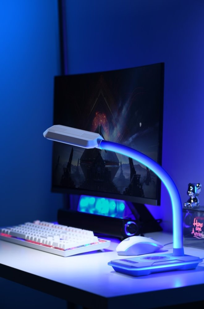 IMMAX LED stolní lampička GAMER RGB/ Qi nabíjení/ RGB/ 250lm/ 5V/2,1A/ USB výstup/ bílá