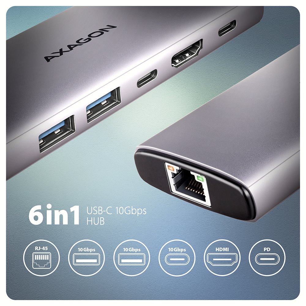AXAGON multi USB-C 6v1 hub / HMC-6G2L / USB 3.2 Gen2 / 1x PD 100W / 1x USB-C / 2x USB-A / HDMI / 1x GLAN / 15cm