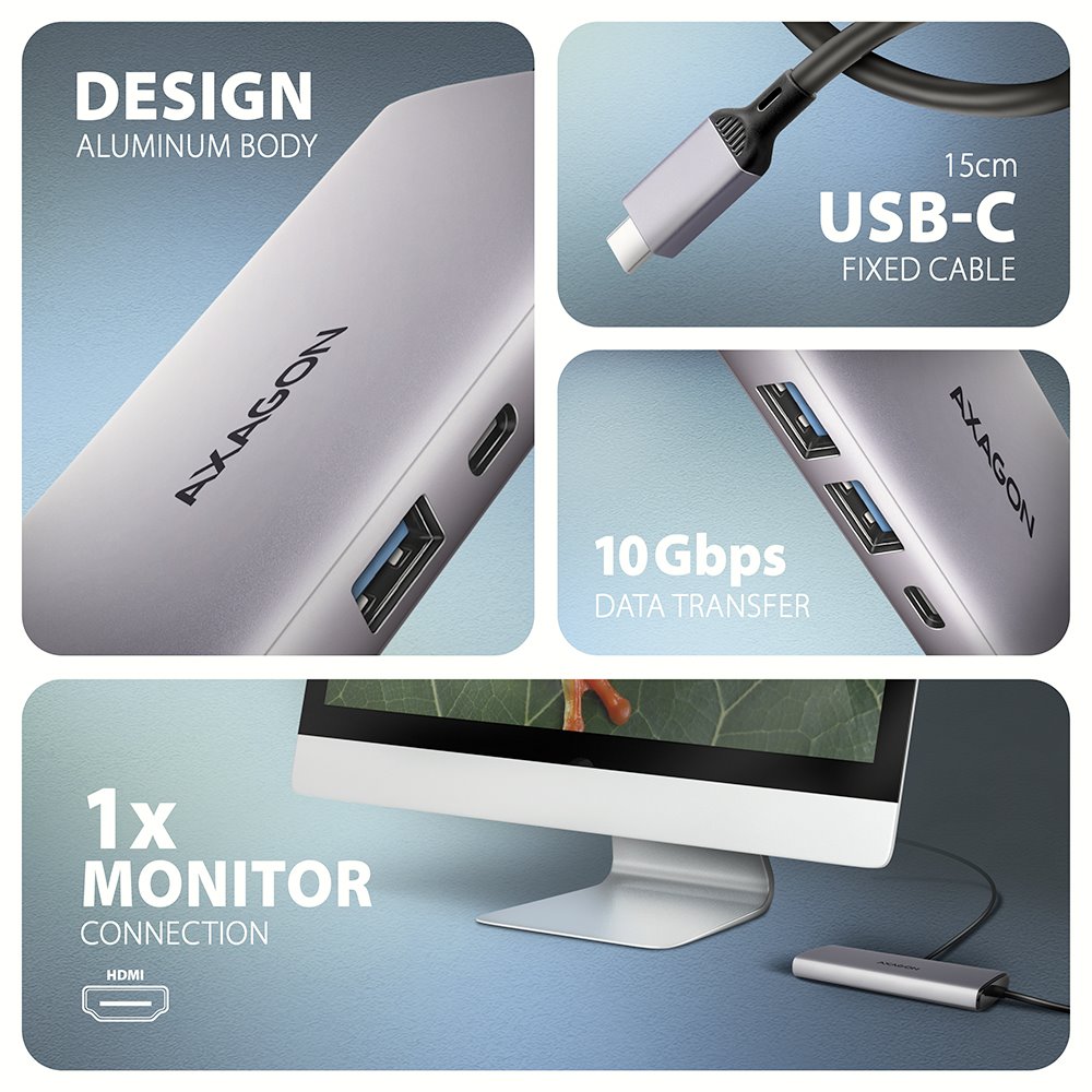AXAGON multi USB-C 6v1 hub / HMC-6G2L / USB 3.2 Gen2 / 1x PD 100W / 1x USB-C / 2x USB-A / HDMI / 1x GLAN / 15cm