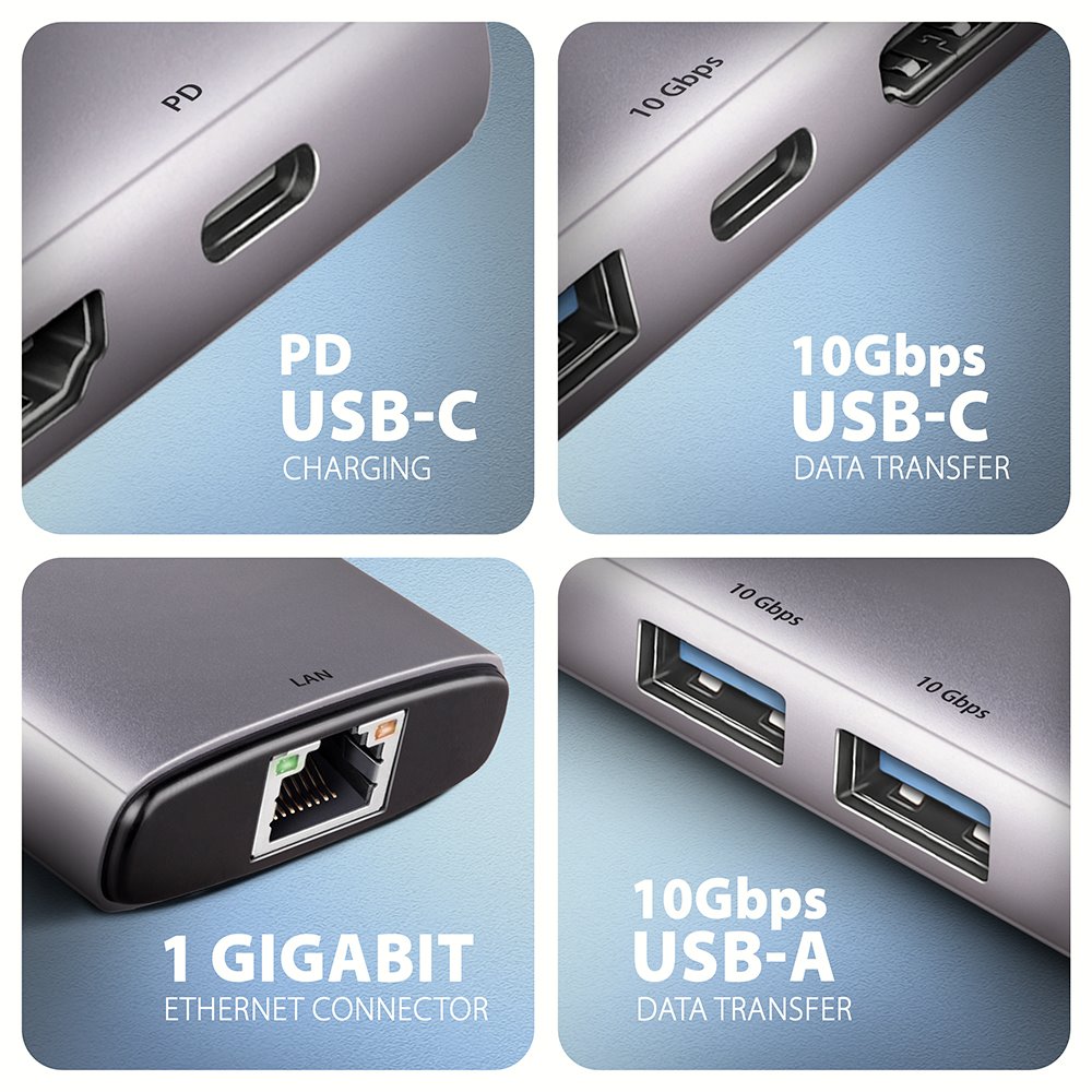 AXAGON multi USB-C 6v1 hub / HMC-6G2L / USB 3.2 Gen2 / 1x PD 100W / 1x USB-C / 2x USB-A / HDMI / 1x GLAN / 15cm