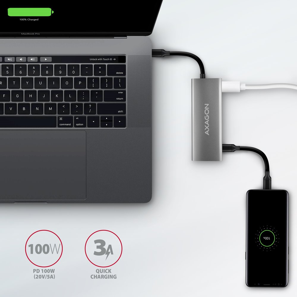 AXAGON hub USB-C / HMC-5G2 / USB 3.2 Gen2 / 2x USB-C / 2X USB-A / 1x HDMI / 4k/60 / 100W PD / 0,1m