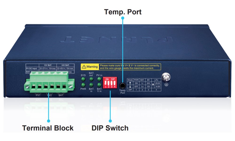 Planet BSP-115PV-15A  solární PoE+ switch, 5x1Gb, 1x1Gb SFP, 5x PoE+ 802.3at, -20~65°C , IP30, LCD displej