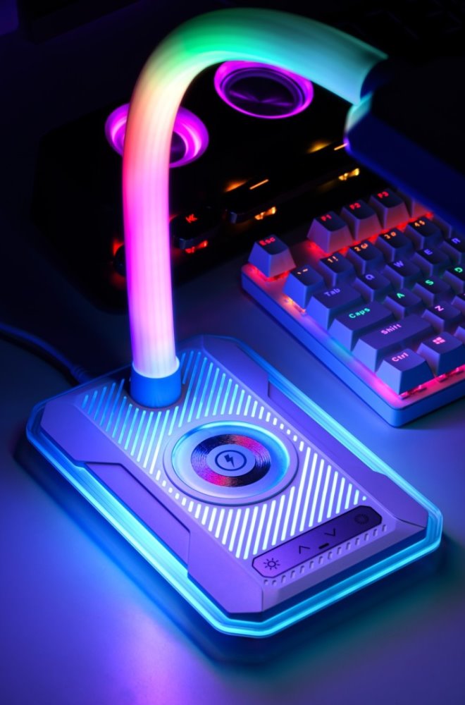 IMMAX LED stolní lampička GAMER RGB/ Qi nabíjení/ RGB/ 250lm/ 5V/2,1A/ USB výstup/ černá