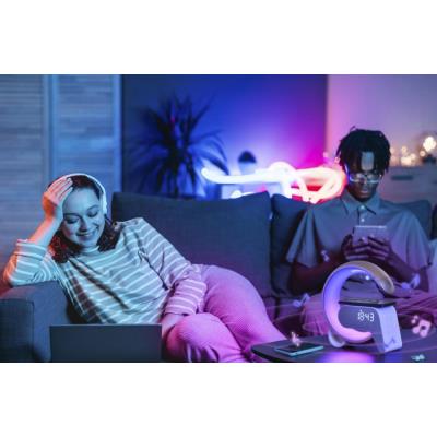 IMMAX LED relaxační lampička FLAMINGO/ Qi nabíjení/ budík/ RGB/ 300lm/ USB výstup/ BT 5.1/ stříbrná