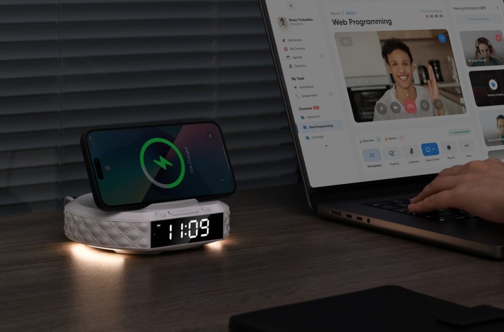 IMMAX multifunkční stolní hodiny CLOCK/ Qi bezdrátová nabíječka 3v1/ 5W/10W/ podsvícení/ bílé