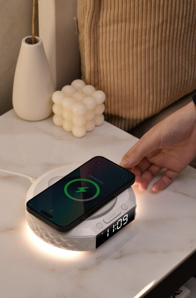 IMMAX multifunkční stolní hodiny CLOCK/ Qi bezdrátová nabíječka 3v1/ 5W/10W/ podsvícení/ bílé