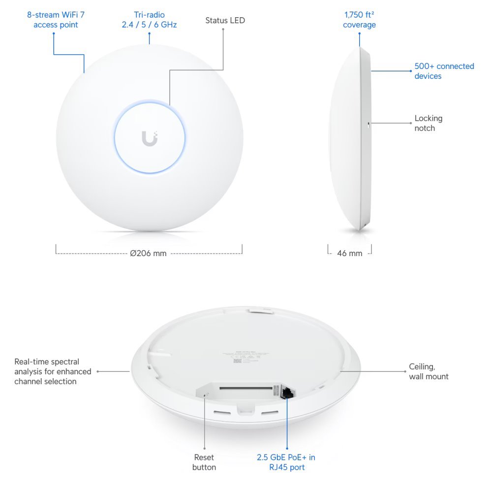 POUŽITÉ - Ubiquiti UniFi U7 Pro Max - Wi-Fi 7 AP, 2.4/5/6GHz, až 15.1 Gbps, 1x 2.5GbE, PoE+ (bez PoE injektoru) - Výpro...