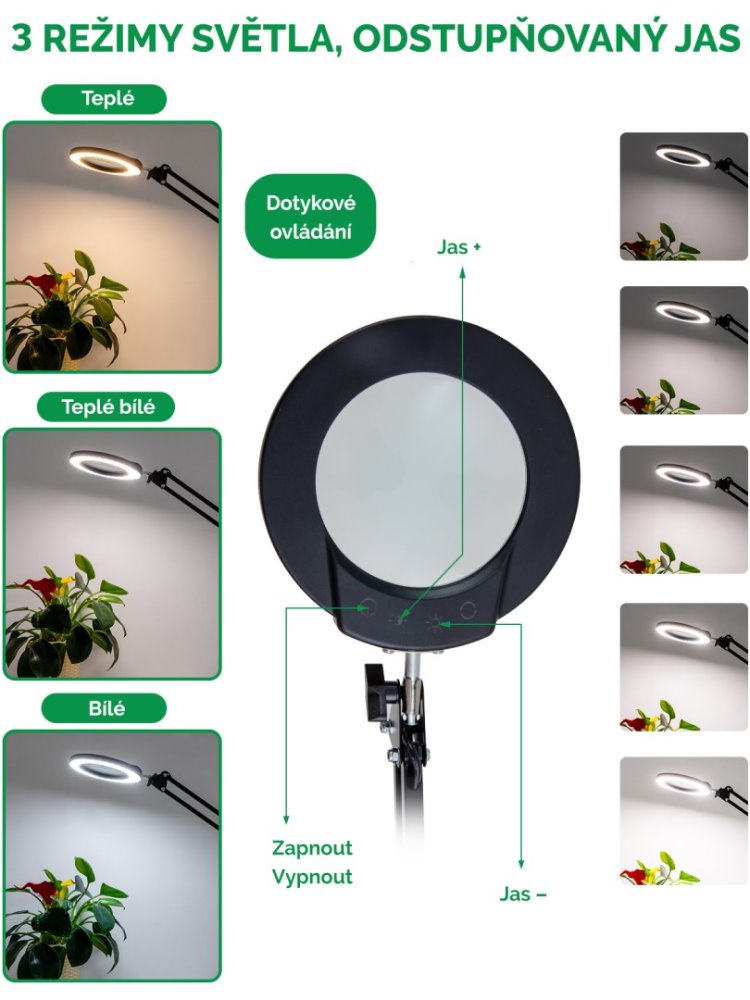 IMMAX LED stolní lampička ZOOM/ s lupou/ 12W/ 5V/2A/ stmívatelná/ černá