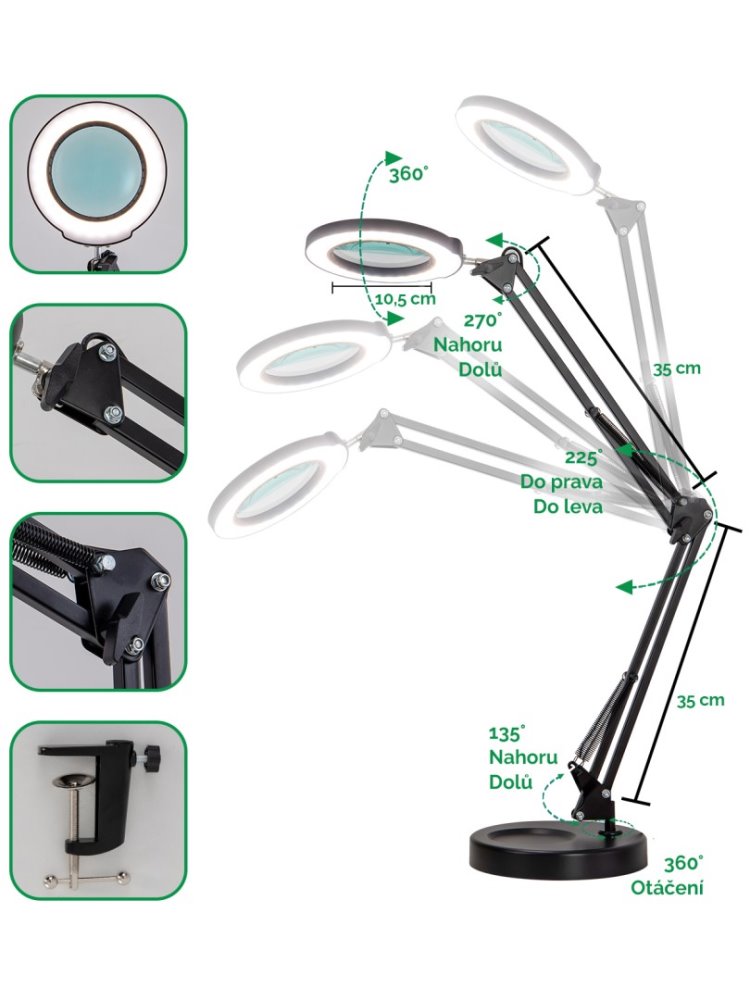 IMMAX LED stolní lampička ZOOM/ s lupou/ 12W/ 5V/2A/ stmívatelná/ černá