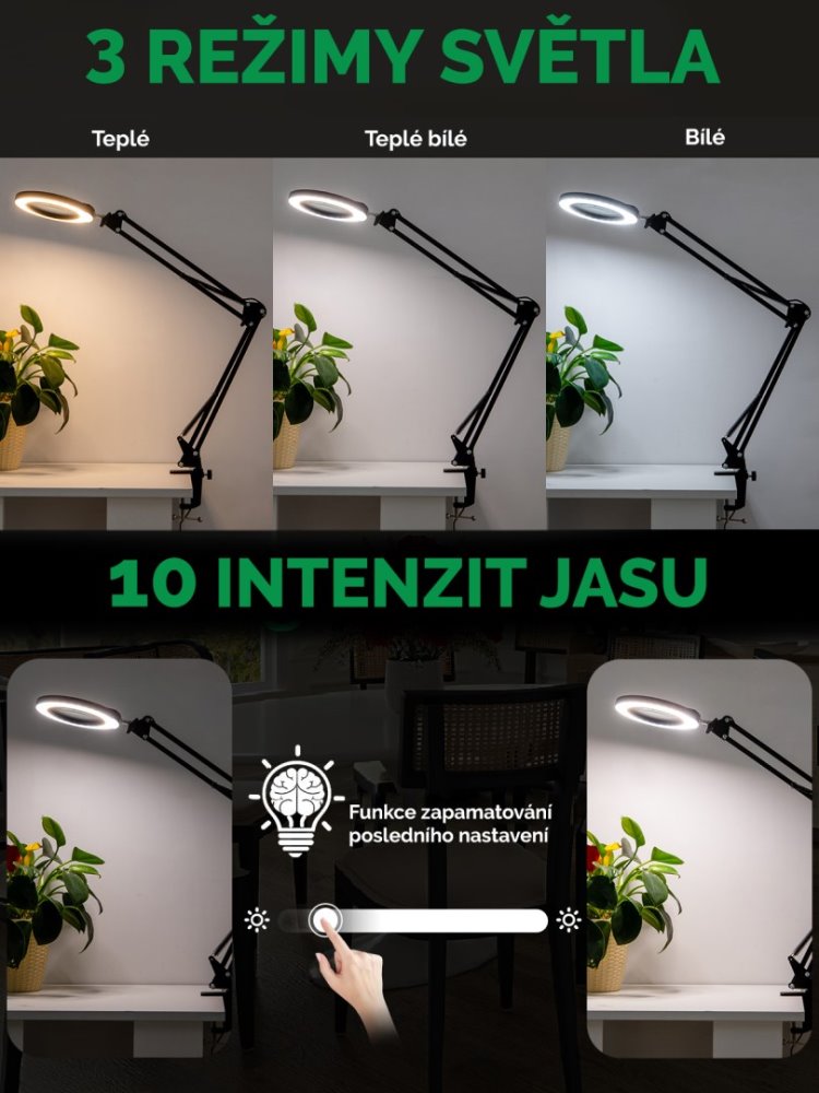 IMMAX LED stolní lampička ZOOM/ s lupou/ 12W/ 5V/2A/ stmívatelná/ černá
