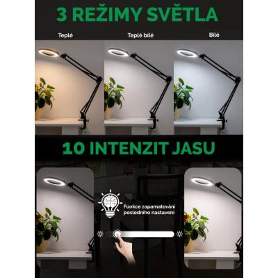 IMMAX LED stolní lampička ZOOM/ s lupou/ 12W/ 5V/2A/ stmívatelná/ černá