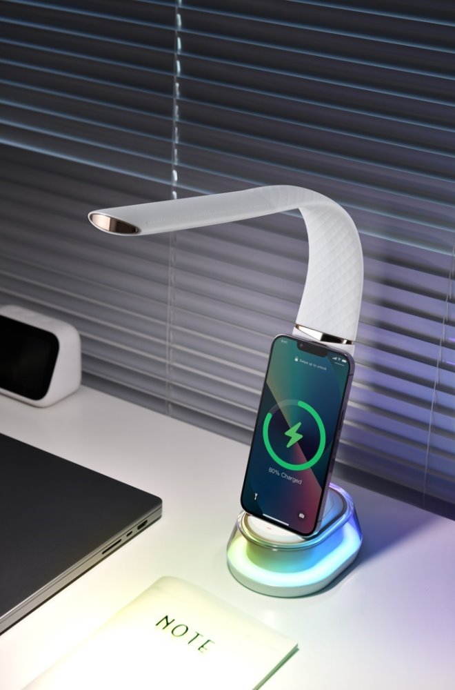 IMMAX LED stolní lampička CORELLA/ Qi nabíjení/ 7W/ 5V/2,1 A/ RGB podsvícení/ stmívatelná/ USB/ bílá + zlaté prvky