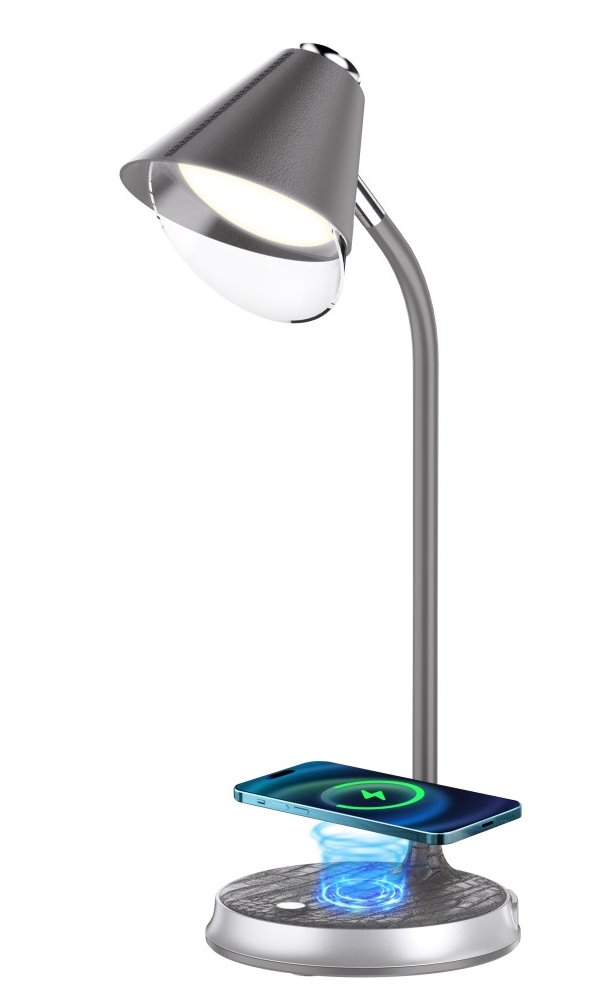 IMMAX LED stolní lampička FINCH/ Qi nabíjení/ 9W/ 12V/2A/ stmívatelná/ šedá + stříbrné prvky
