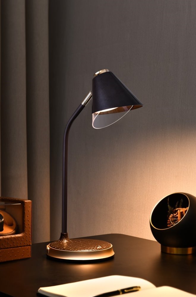 IMMAX LED stolní lampička FINCH/ Qi nabíjení/ 9W/ 12V/2A/ stmívatelná/ hnědá + zlaté prvky