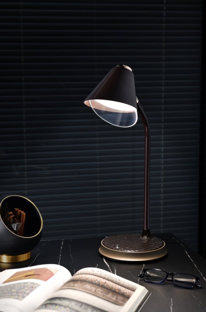 IMMAX LED stolní lampička FINCH/ Qi nabíjení/ 9W/ 12V/2A/ stmívatelná/ hnědá + zlaté prvky