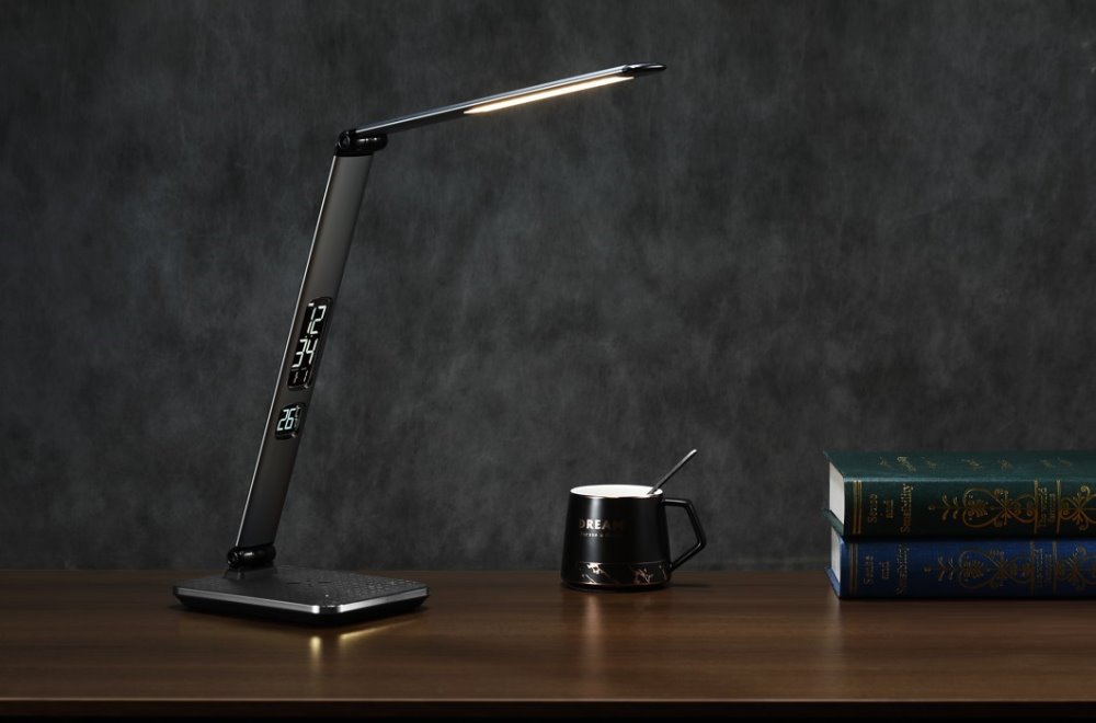 IMMAX LED stolní lampička Heron 2/ Qi nabíjení/ 8,5W/ 504lm/ DC 12V/2,5A/ stmívatelná/ sklápěcí rameno/ stříbrná