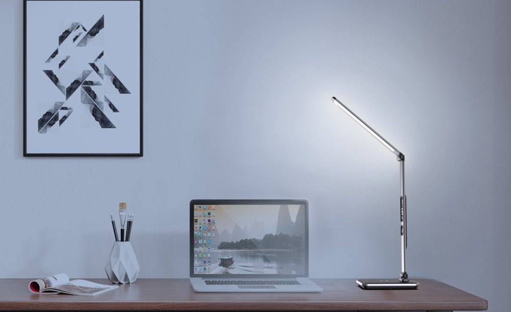 IMMAX LED stolní lampička Heron 2/ Qi nabíjení/ 8,5W/ 504lm/ DC 12V/2,5A/ stmívatelná/ sklápěcí rameno/ stříbrná