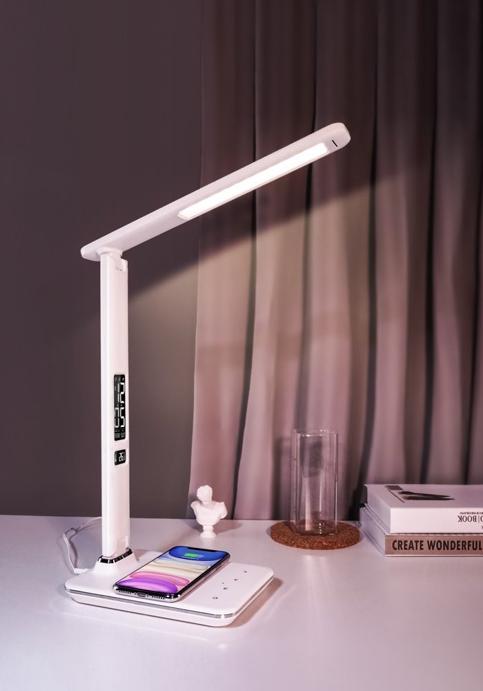 IMMAX LED stolní lampička Kingfisher/ Qi nabíjení/ 8,5W/ 400lm/ 12V/2,5A/ 3 barvy světla/ sklápěcí rameno/ bílá