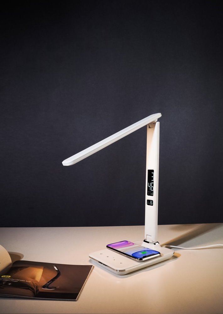 IMMAX LED stolní lampička Kingfisher/ Qi nabíjení/ 8,5W/ 400lm/ 12V/2,5A/ 3 barvy světla/ sklápěcí rameno/ bílá