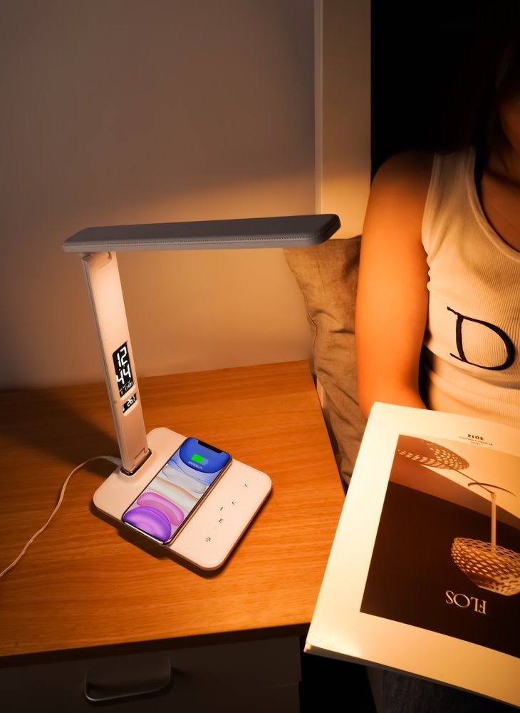 IMMAX LED stolní lampička Kingfisher/ Qi nabíjení/ 8,5W/ 400lm/ 12V/2,5A/ 3 barvy světla/ sklápěcí rameno/ bílá