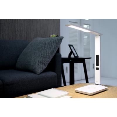 IMMAX LED stolní lampička Kingfisher/ Qi nabíjení/ 8,5W/ 400lm/ 12V/2,5A/ 3 barvy světla/ sklápěcí rameno/ bílá