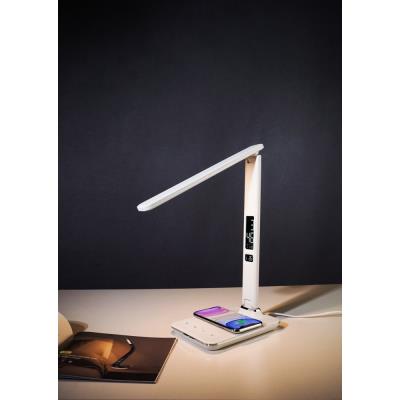 IMMAX LED stolní lampička Kingfisher/ Qi nabíjení/ 8,5W/ 400lm/ 12V/2,5A/ 3 barvy světla/ sklápěcí rameno/ bílá