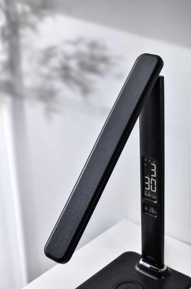 IMMAX LED stolní lampička Kingfisher/ Qi nabíjení/ 8,5W/ 400lm/ 12V/2,5A/ 3 barvy světla/ sklápěcí rameno/ černá