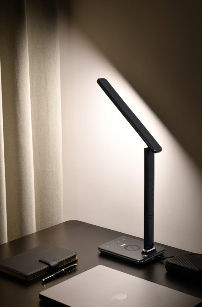 IMMAX LED stolní lampička Kingfisher/ Qi nabíjení/ 8,5W/ 400lm/ 12V/2,5A/ 3 barvy světla/ sklápěcí rameno/ černá