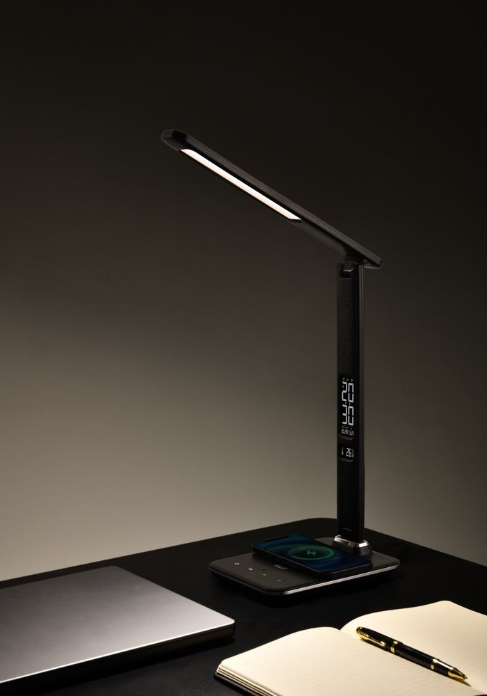 IMMAX LED stolní lampička Kingfisher/ Qi nabíjení/ 8,5W/ 400lm/ 12V/2,5A/ 3 barvy světla/ sklápěcí rameno/ černá