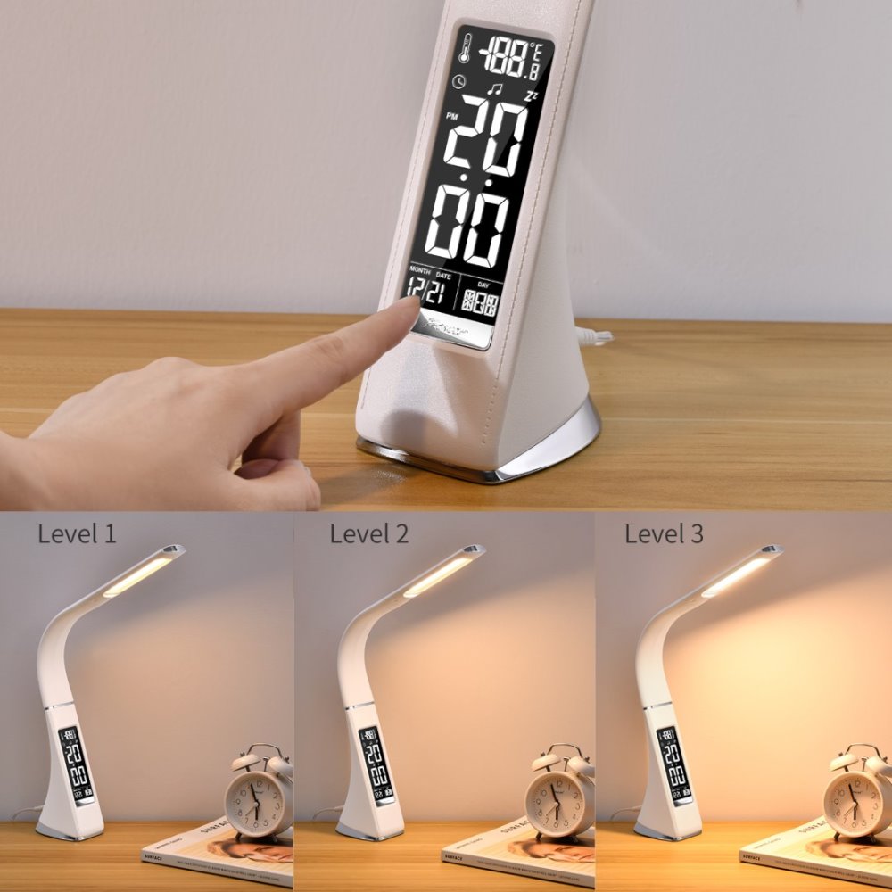 IMMAX LED stolní lampička Leather/ 6,5W/ 300lm/ 5V/1A/ 3 barvy světla/ flexibilní rameno/ možnost vypnutí LCD/ USB/ bílá