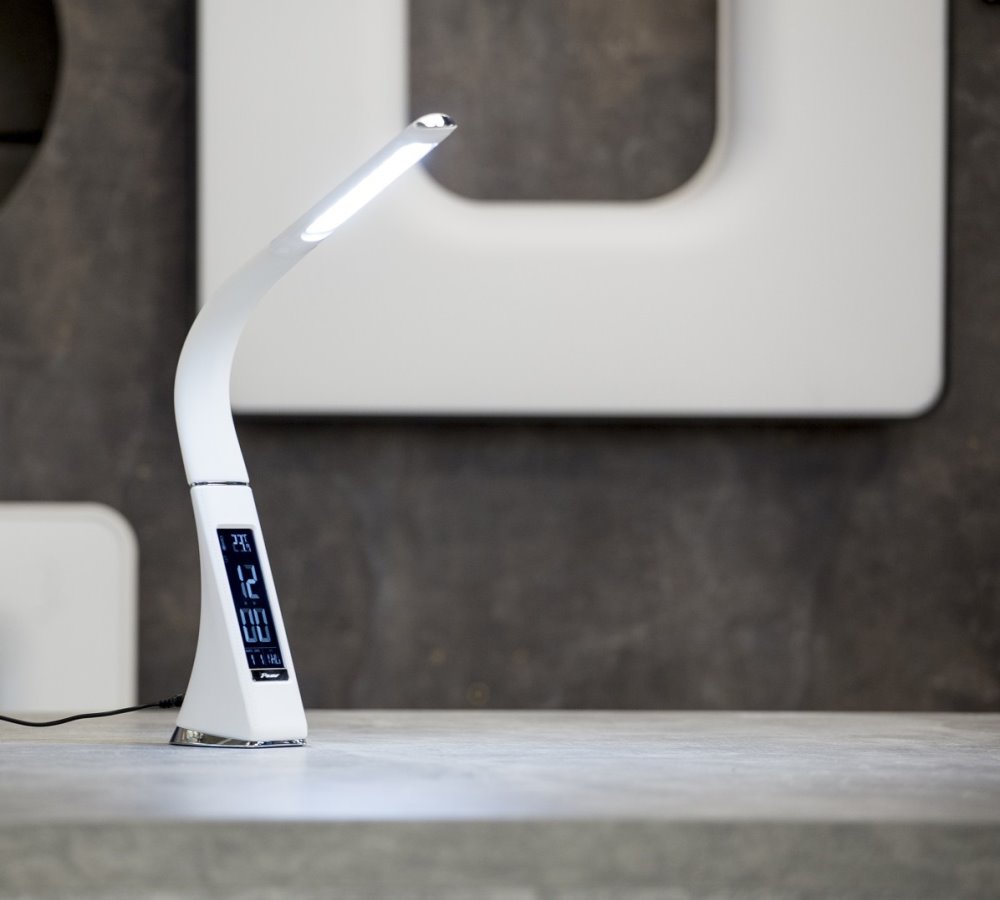 IMMAX LED stolní lampička Leather/ 6,5W/ 300lm/ 5V/1A/ 3 barvy světla/ flexibilní rameno/ možnost vypnutí LCD/ USB/ bílá