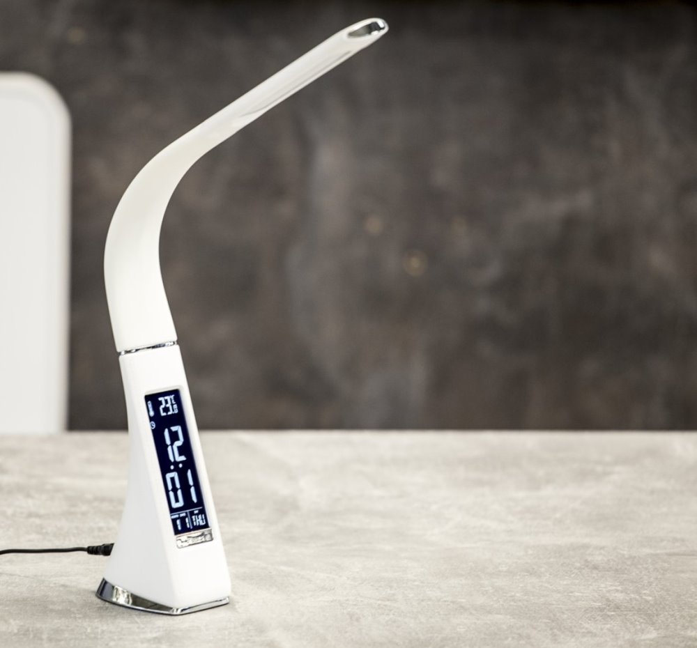 IMMAX LED stolní lampička Leather/ 6,5W/ 300lm/ 5V/1A/ 3 barvy světla/ flexibilní rameno/ možnost vypnutí LCD/ USB/ bílá