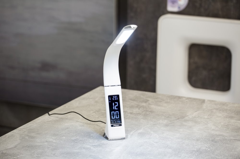 IMMAX LED stolní lampička Leather/ 6,5W/ 300lm/ 5V/1A/ 3 barvy světla/ flexibilní rameno/ možnost vypnutí LCD/ USB/ bílá