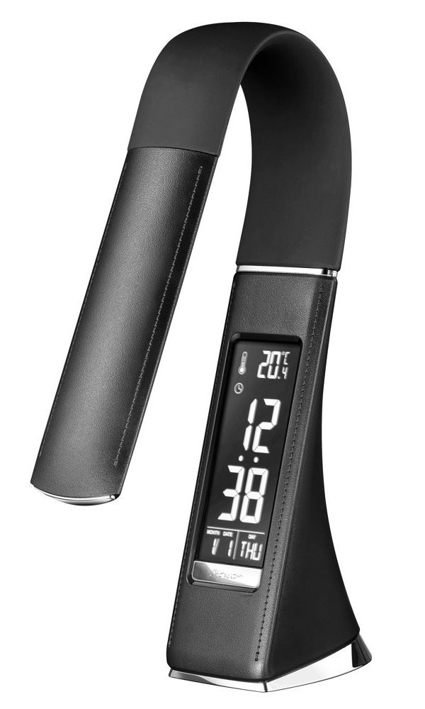 IMMAX LED stolní lampička Leather/ 6,5W/ 300lm/ 5V/1A/ 3 barvy světla/ flexibil. rameno/ možnost vypnutí LCD/ USB/ černá