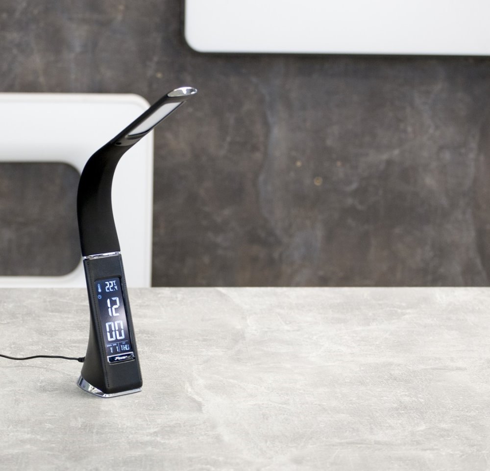 IMMAX LED stolní lampička Leather/ 6,5W/ 300lm/ 5V/1A/ 3 barvy světla/ flexibil. rameno/ možnost vypnutí LCD/ USB/ černá