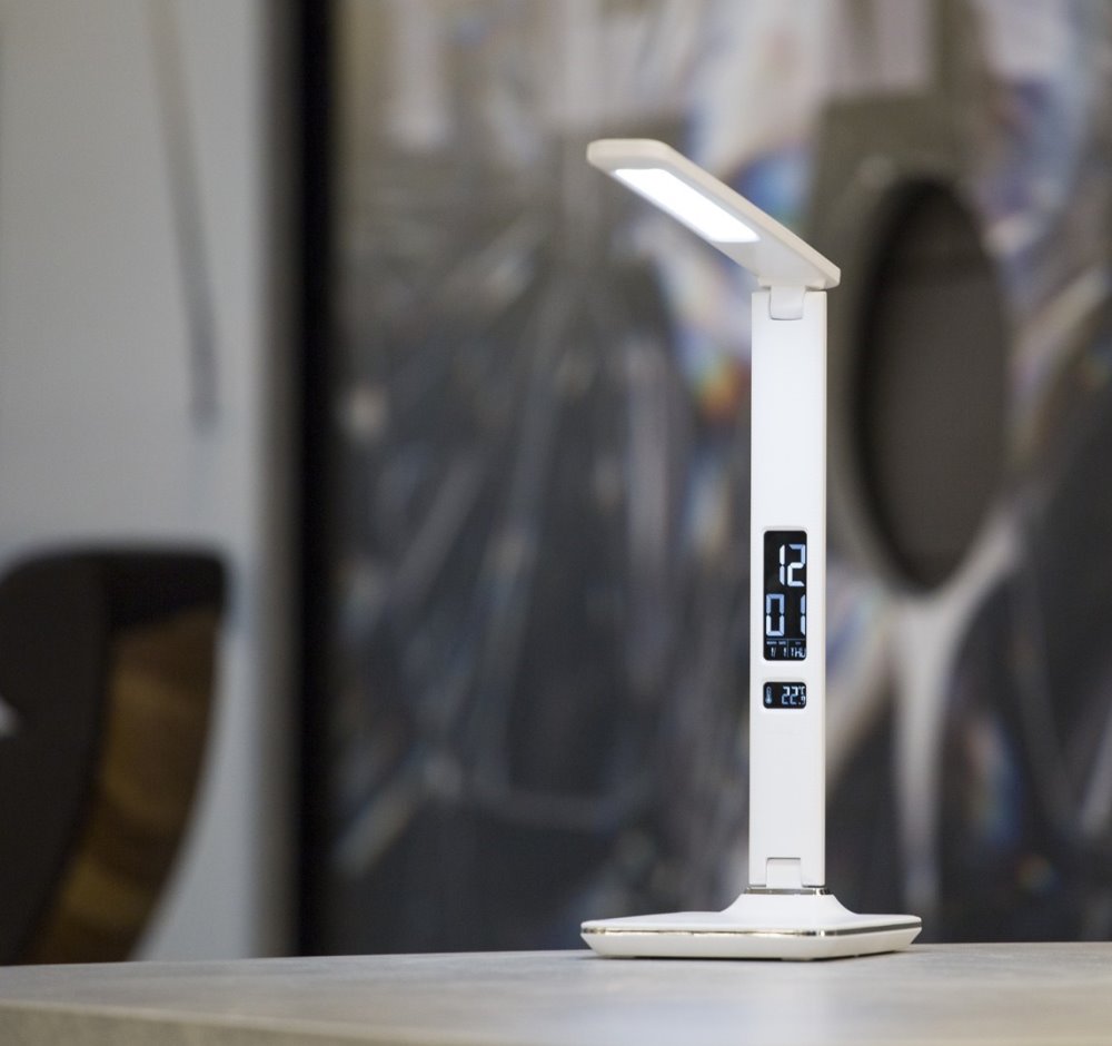 IMMAX LED stolní lampička Kingfisher/ 9W/ 450lm/ 12V/1A/ 3 různé barvy světla/ sklápěcí rameno/ USB/ bílá