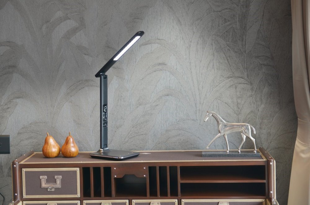 IMMAX LED stolní lampička Kingfisher/ 9W/ 450lm/ 12V/1A/ 3 různé barvy světla/ sklápěcí rameno/ USB/ černá