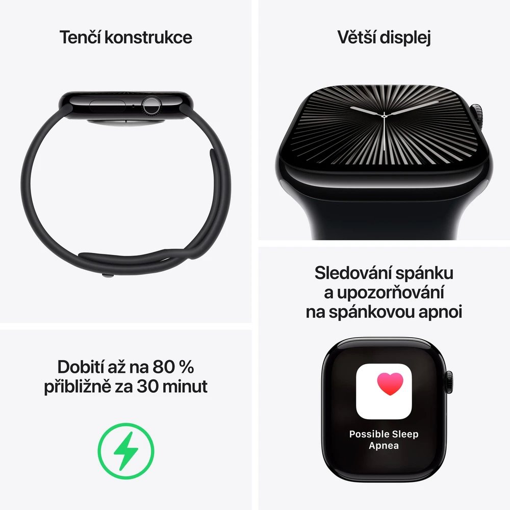Apple Watch Series 10 GPS 46mm Klavírně černý hliník s černým sportovním řemínkem - S/M