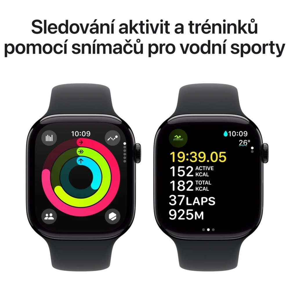 Apple Watch Series 10 GPS 46mm Klavírně černý hliník s černým sportovním řemínkem - S/M