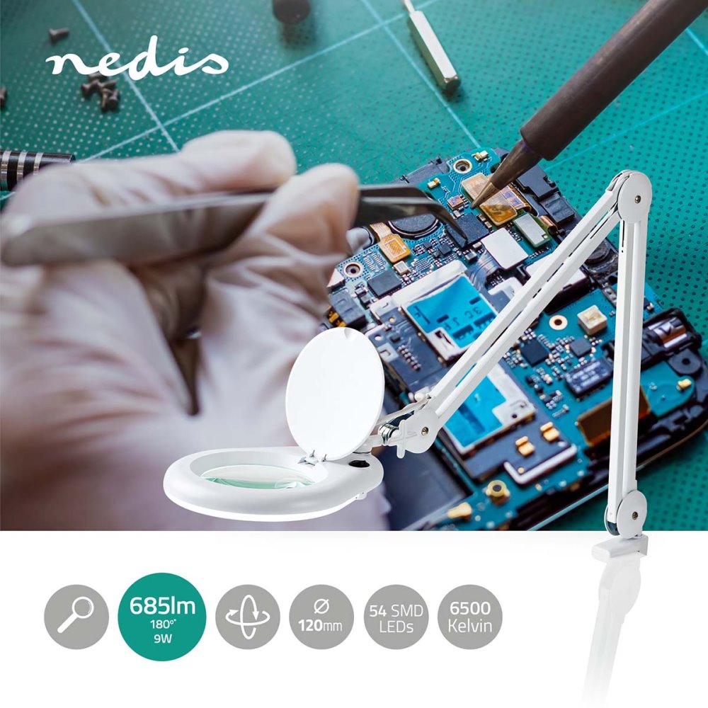 NEDIS zvětšovací stolní LED lampa/ čočka 3 dioptrie/ spotřeba 9 W/ teplota 6500 K/ světelný tok 720 lm/ bílá