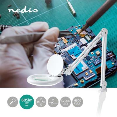 NEDIS zvětšovací stolní LED lampa/ čočka 3 dioptrie/ spotřeba 9 W/ teplota 6500 K/ světelný tok 720 lm/ bílá