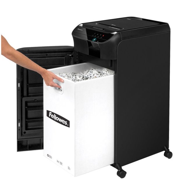 FELLOWES skartovač AutoMax 600 M/ křížový řez 2x12 mm/ objem koše 83 l/ stupeň utajení P-5 (tajné)/ černý