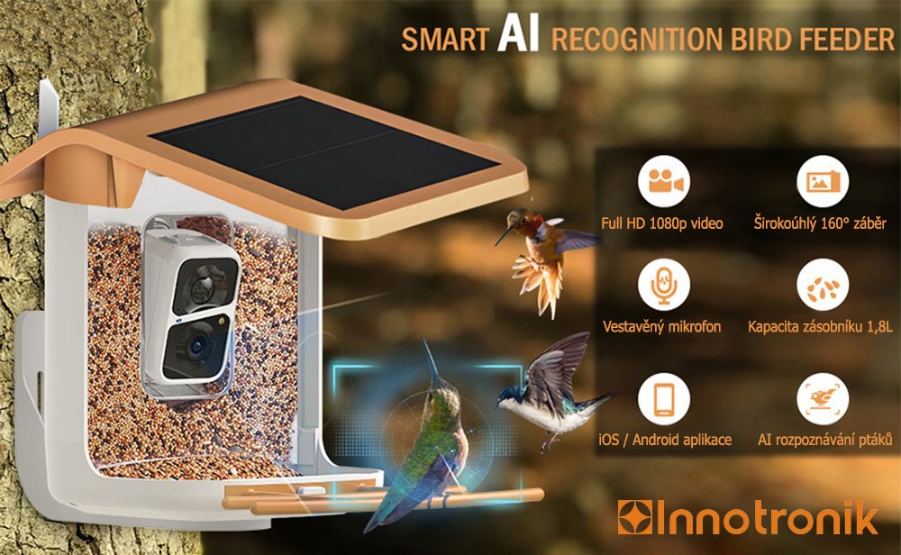 TRX Innotronik IEN-BC69B Bezpečnostní Chytré wi-fi solární ptačí krmítko s 2MP kamerou a li-ion bateriemi