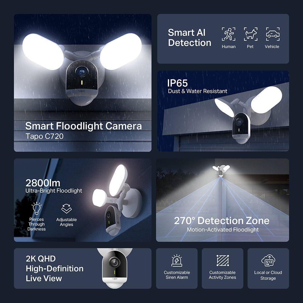 TP-Link Tapo C720, venkovní kamera s reflektorem, 2K, WiFi, IR senzor, audio, SD, IP65