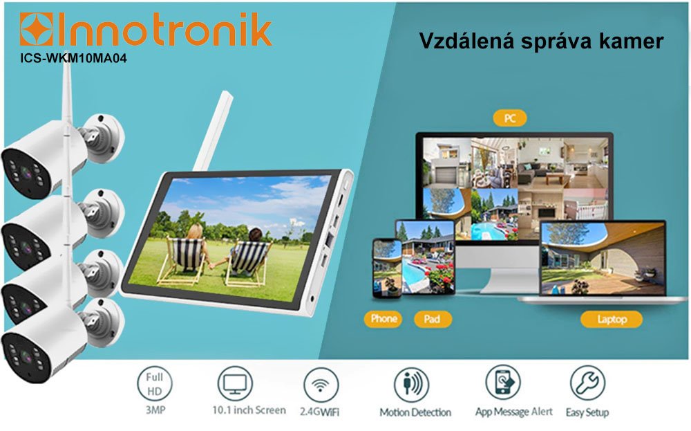 TRX Innotronik ICS-WKM10MA04 Bezpečnostní Venkovní wi-fi NVR kit 4ks 3MPix kamer + LCD displej 10,1"