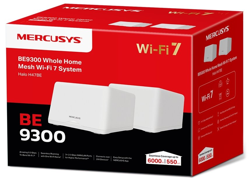 TP-Link Mercusys Halo H47BE(2-pack) WiFi systém, WiFi 7, BE9300, 1,5GHz Quad-Core CPU, 3x 2,5GWAN/LAN