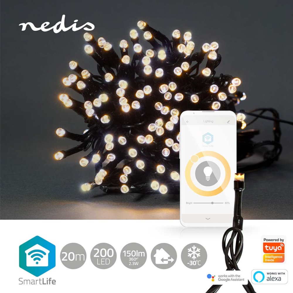 NEDIS Wi-Fi chytré dekorativní LED/ teplá bílá/ 200 LED's/ Android & iOS/ Nedis® SmartLife/ 20 m