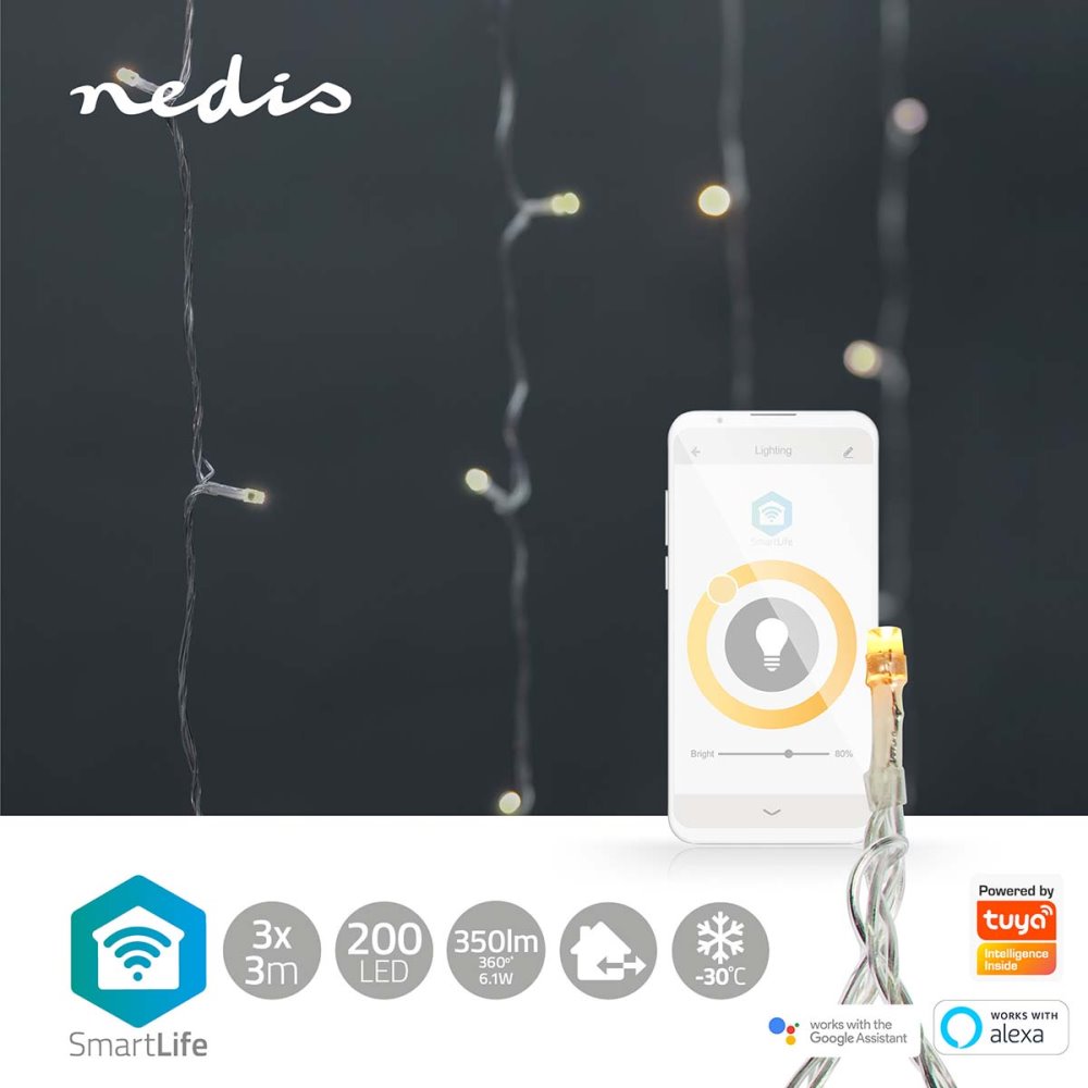 NEDIS Wi-Fi chytré dekorativní LED/ teplá bílá/ 200 LED's/ Android & iOS/ Nedis® SmartLife/ 3 m