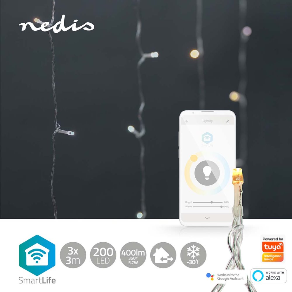 NEDIS Wi-Fi chytré dekorativní LED/ teplá až studená bílá/ 200 LED's/ Android & iOS/ Nedis® SmartLife/ 3 m