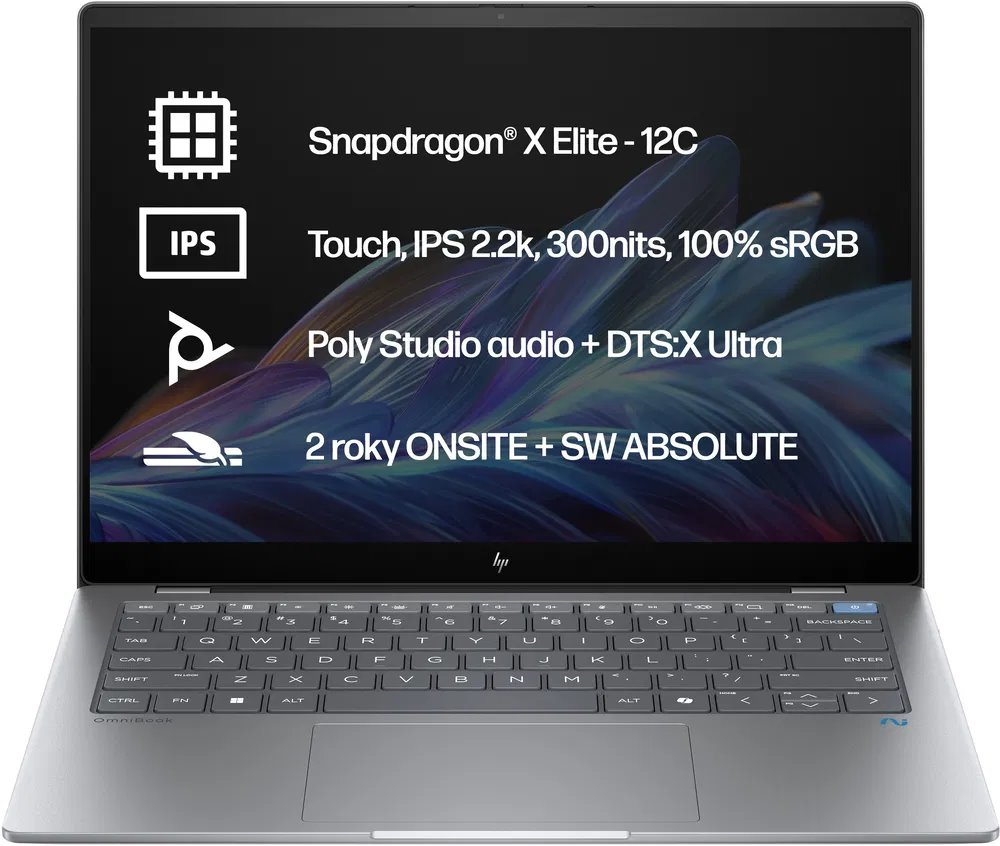HP Omnibook X 14-fe1012nc/ SD-X1P-42-100/ 16GB DDR5/ 512GB SSD/ Qualcomm Adreno GPU/ 14"2,2K IPS/ W11H/ stříbrný